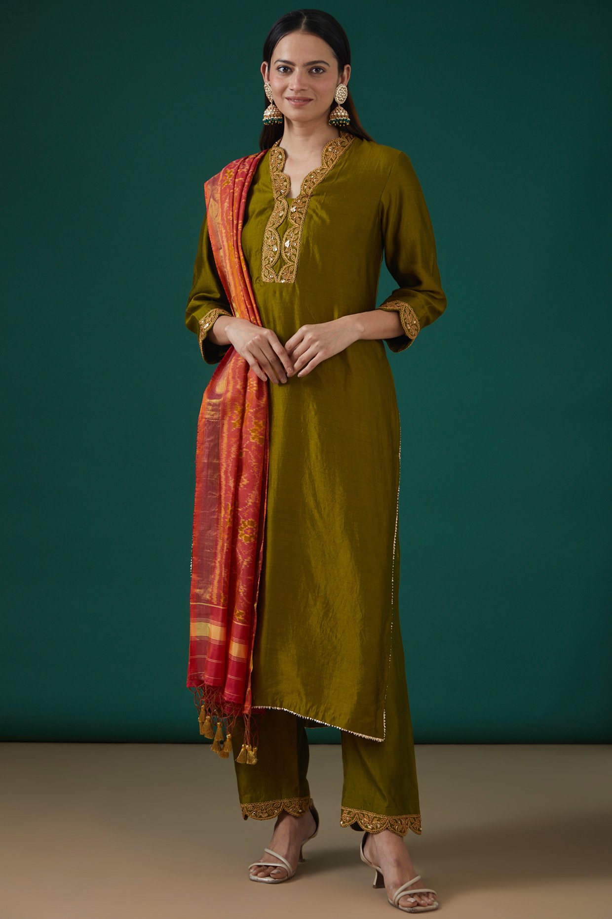Anarkali Suits : Mehndi green organza silk print and ribbon ...